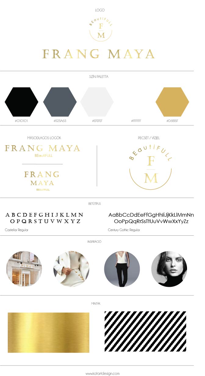 Frang Maya luxus kozmetika logó, arculat, branding board