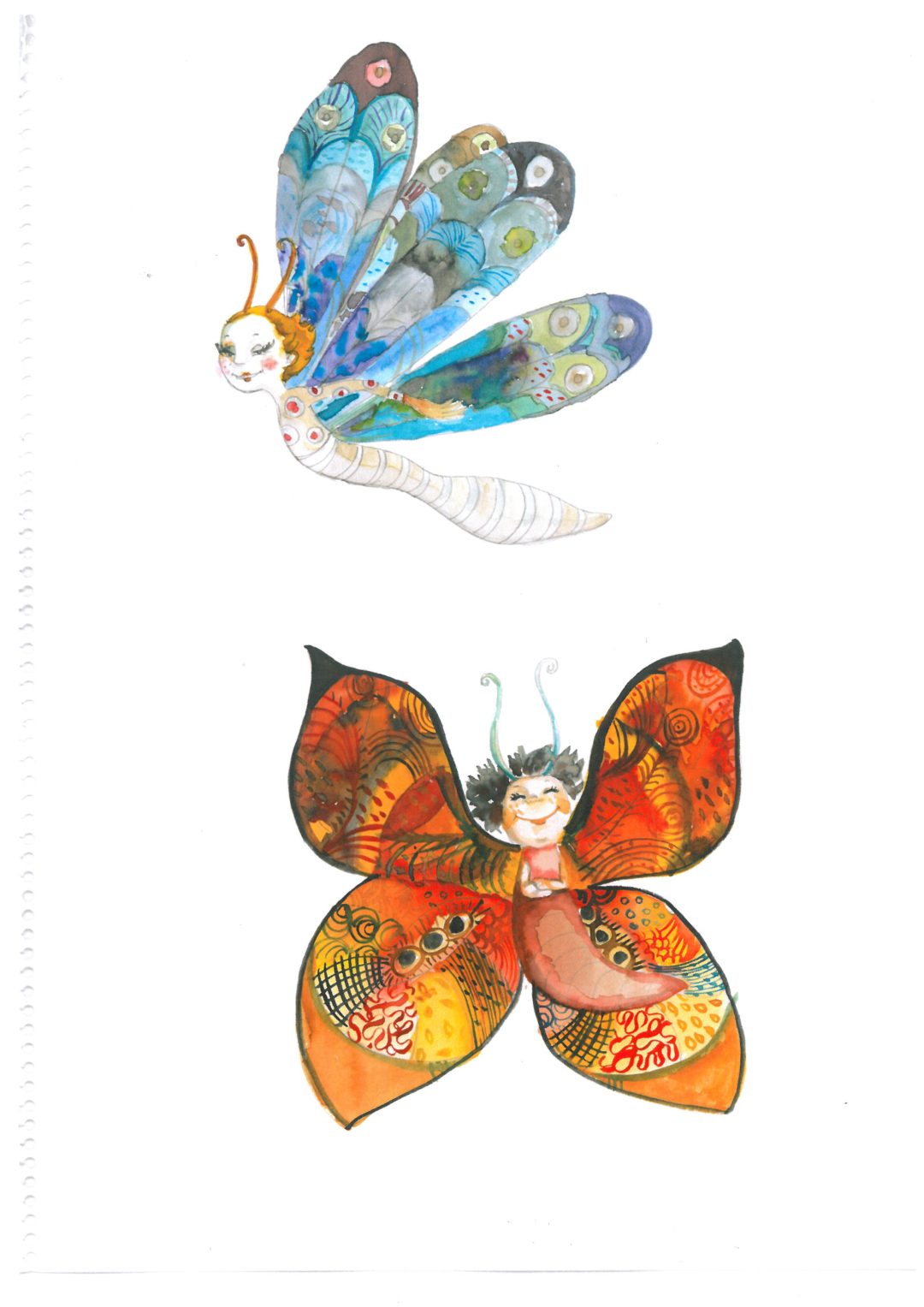 pillangók, akvarell, meleg és hideg színek