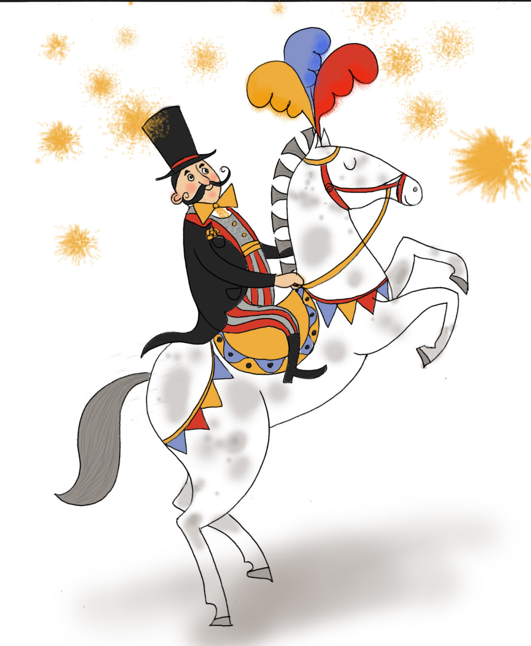 állatidomár cirkuszi lovon, tollrajz, digitális szinezés, illusztráció